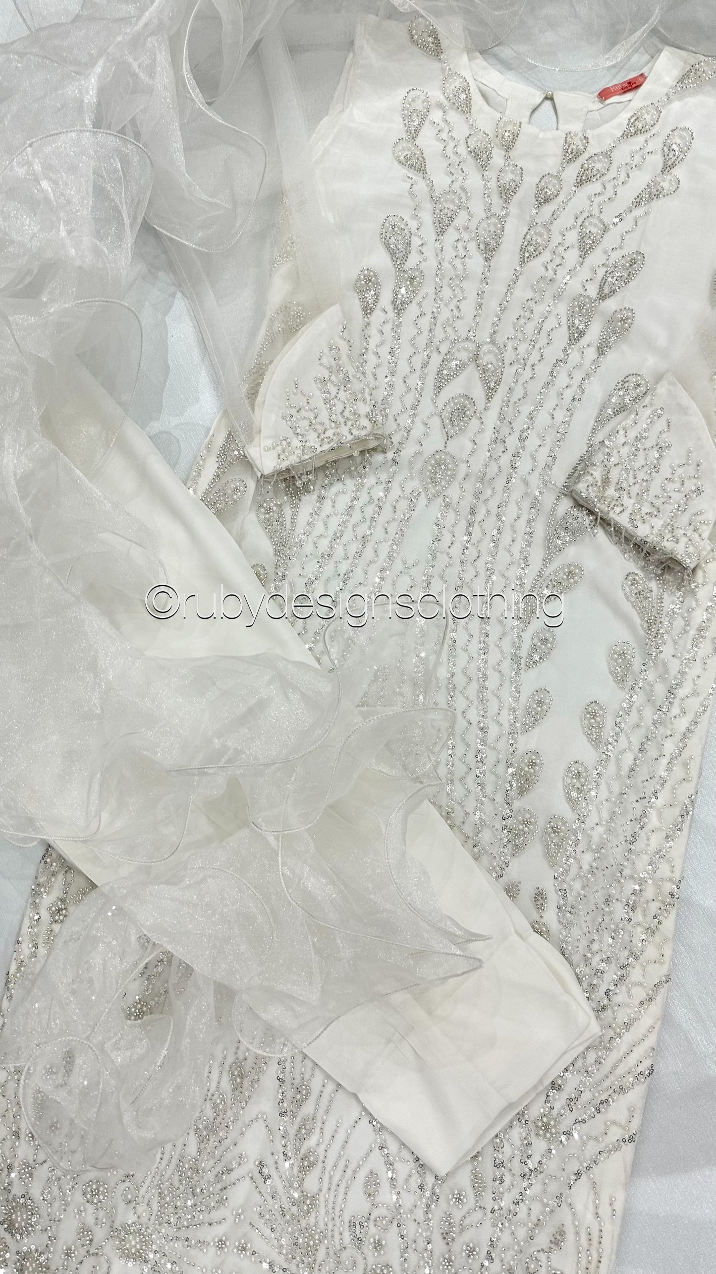SHIREEN - 3 Piece White Net Suit with Pearl Detailing
