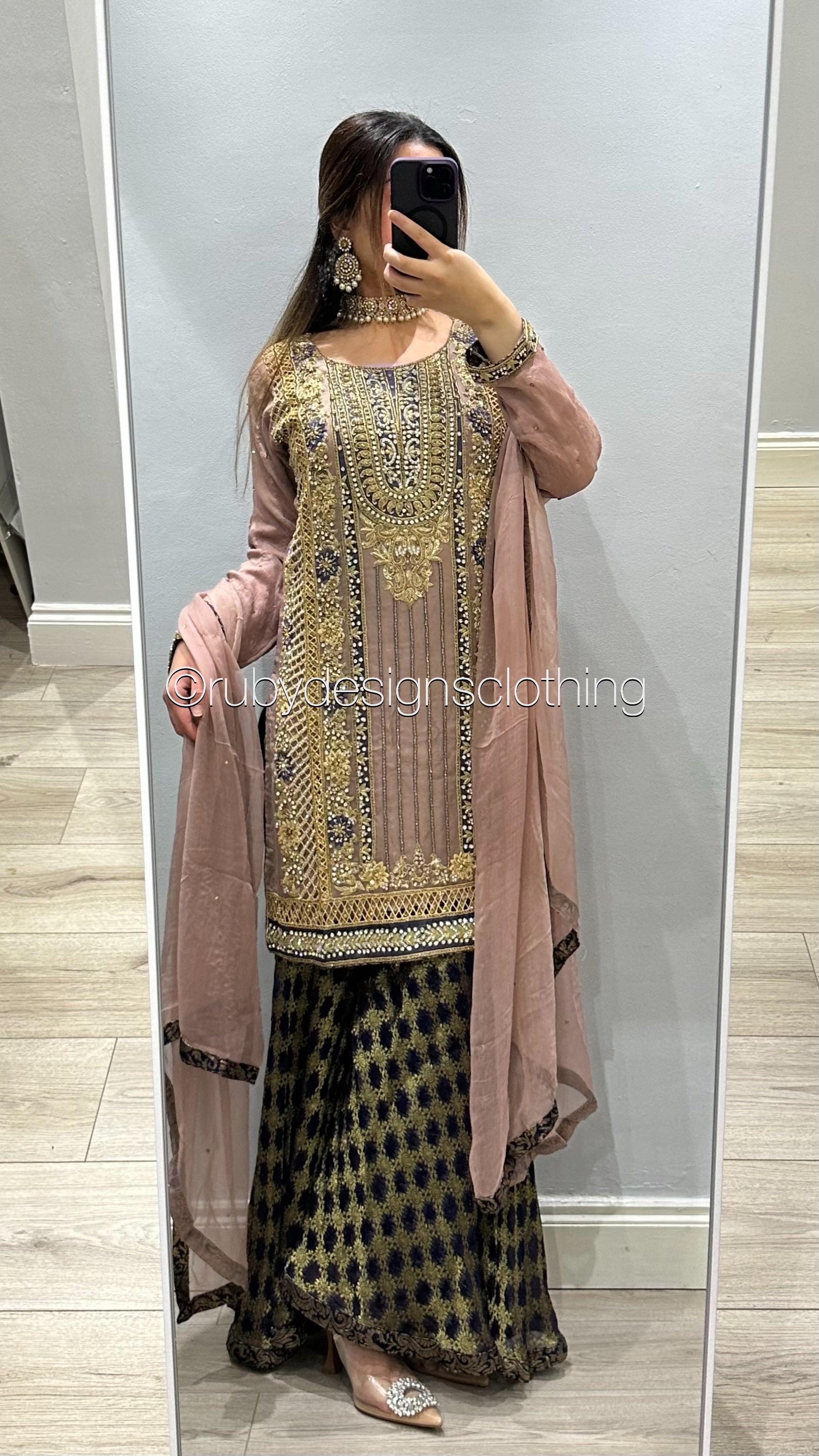 EXCLUSIVE SAMPLE - 3 Piece Heavy Embroidered Chiffon Suit with Jamawar Sharara (8746853761237)