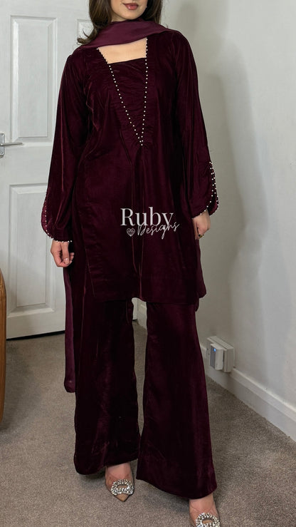 ANUM - 3 Piece Maroon Luxury Velvet Suit with Pearls