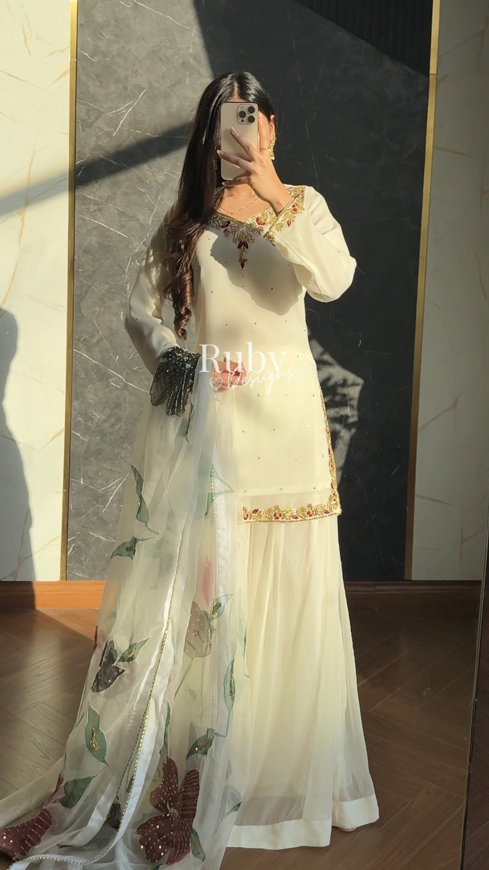 ZAIRA Ivory - 3 Piece Chiffon Sharara Suit with Hand Painted Dupatta