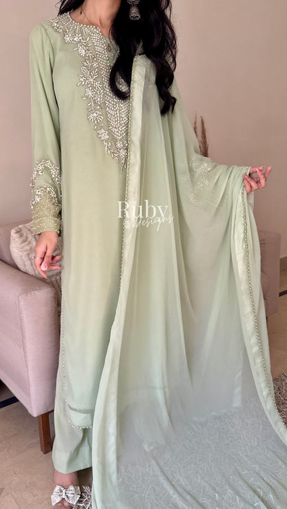 AREEN Mint - 3 Piece Chiffon Suit with Pearl and Stone Handwork