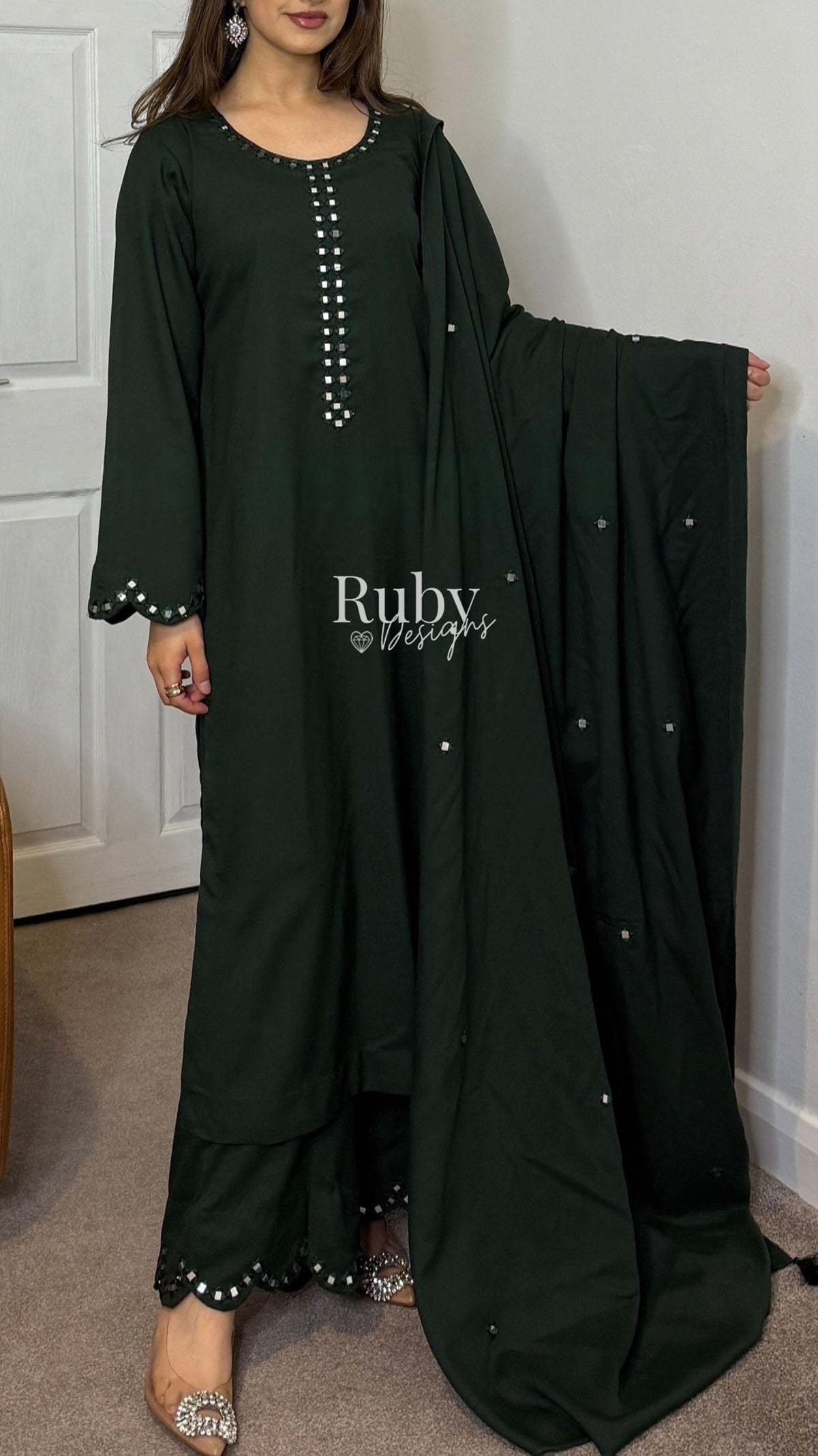 HANYAH - 3 Piece Forest Green Marina Suit with Shawl
