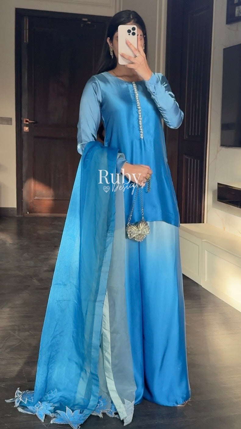 FIHA Azure - 3 Piece Ombrè Silk Suit with Flowy Wide Pants