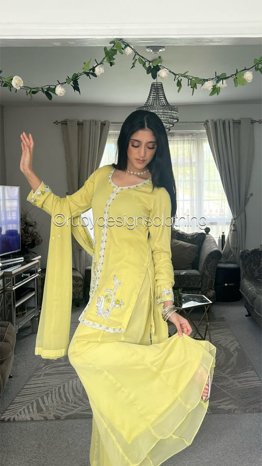 AROOSA Lime - 3 Piece Chiffon Sharara with Handwork (8650121347285)