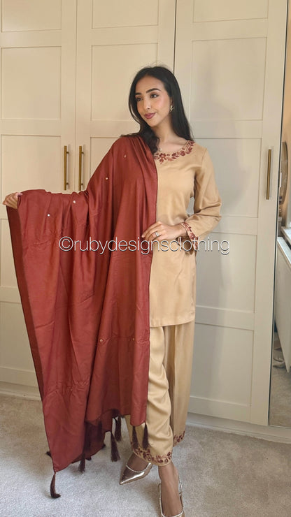 ZAHA - 3 Piece Beige Marina Suit with Brown Shawl