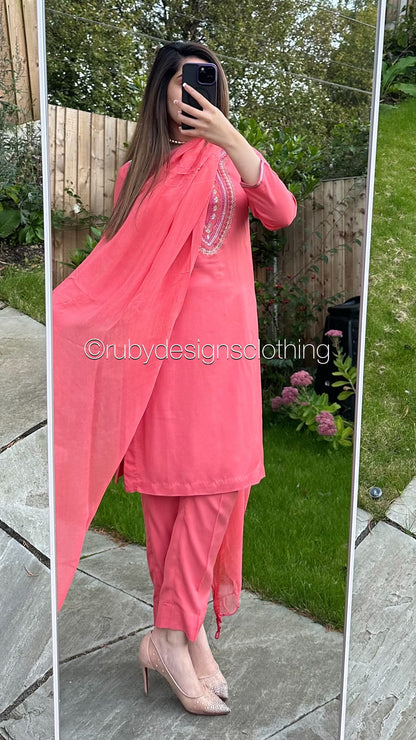 3 Piece Pink Linen Suit with Chiffon Dupatta (8746824401109)