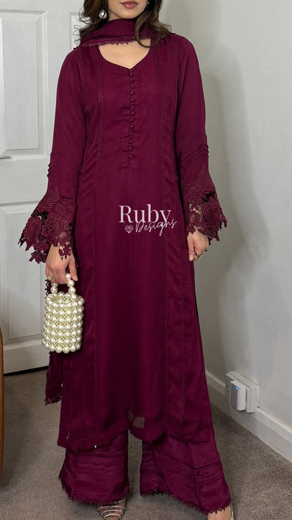 MINHA Berry - 3 Piece Chiffon Suit with Cutwork