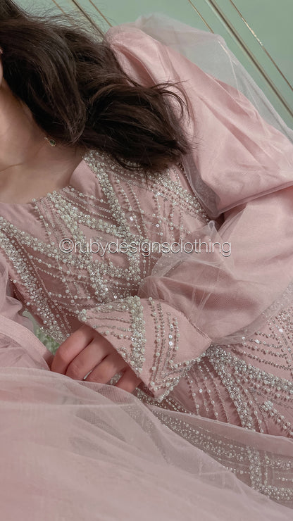 ALANA - 3 Piece Pink Net Suit with Pearl Detailing