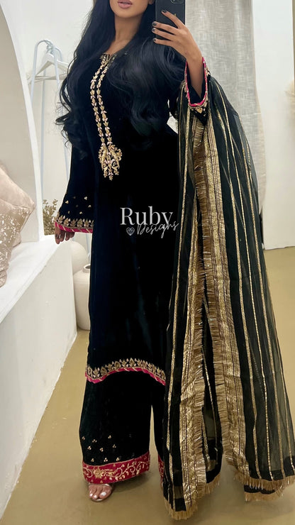NAYAB - 3 Piece Luxury Velvet Suit with Gold Handwork