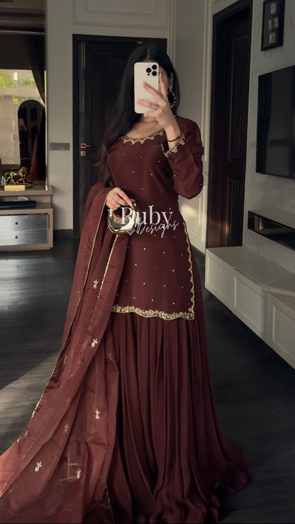 ZEBA Chocolate - 3 Piece Luxury Suit with Sharara