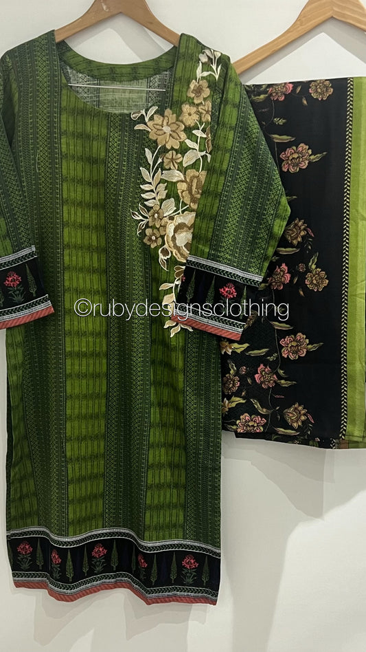 3 Piece Green Khaddar Suit with Shawl (8748086919381)