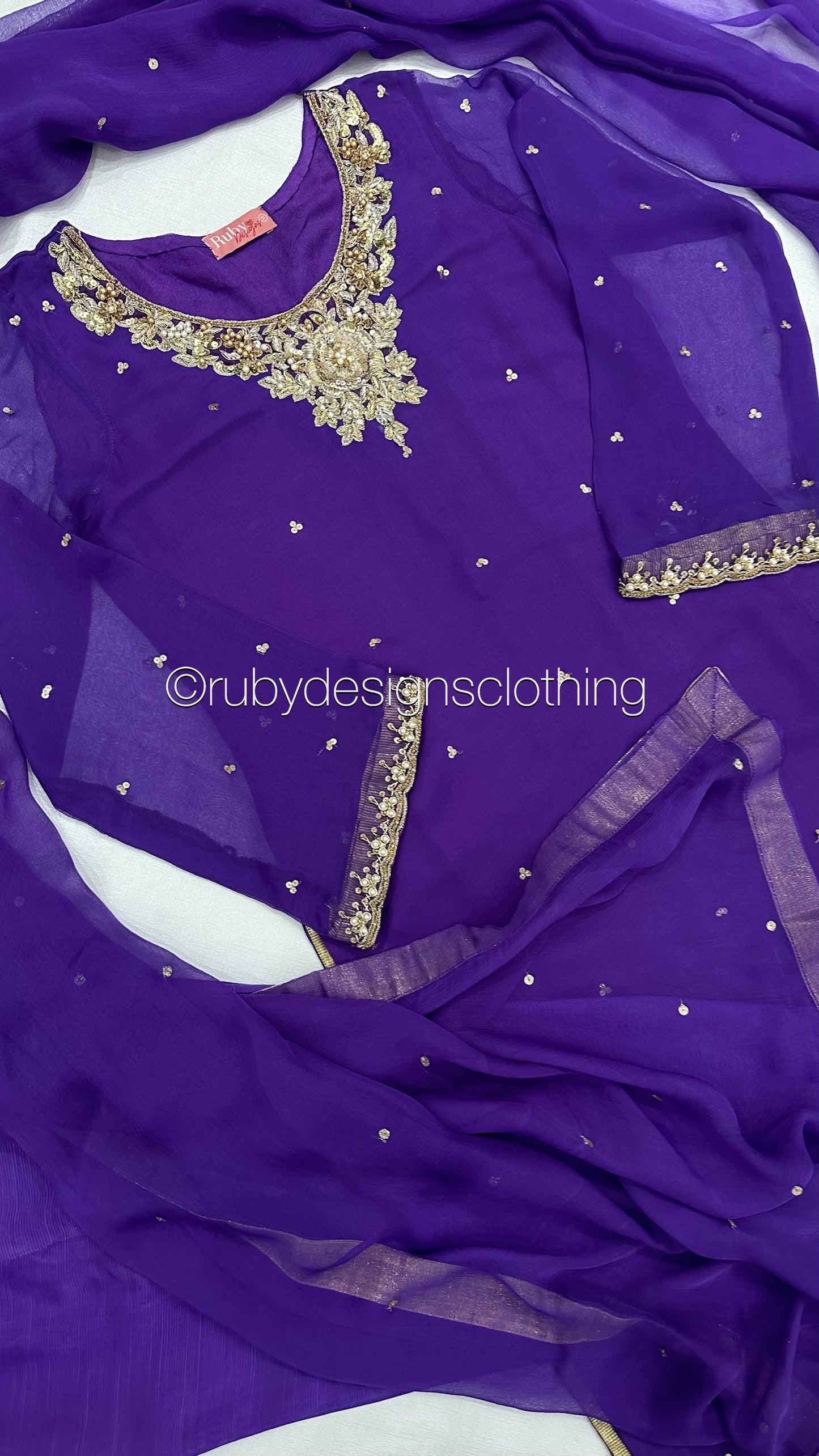ALVIA Purple - 3 Piece Purple Chiffon Suit with Gold Handwork