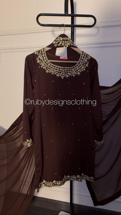 HUMNA Cocoa - 3 Piece Chiffon Suit with Farshi Shalwar