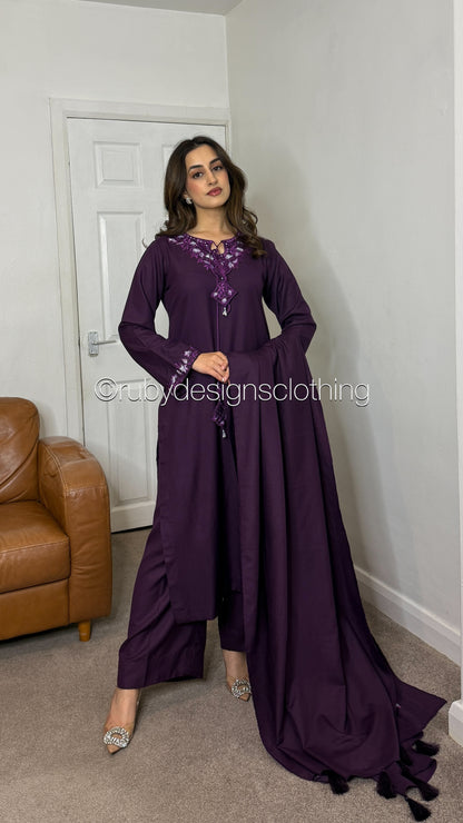 RIMSHA - 3 Piece Deep Purple Marina Suit with Shawl