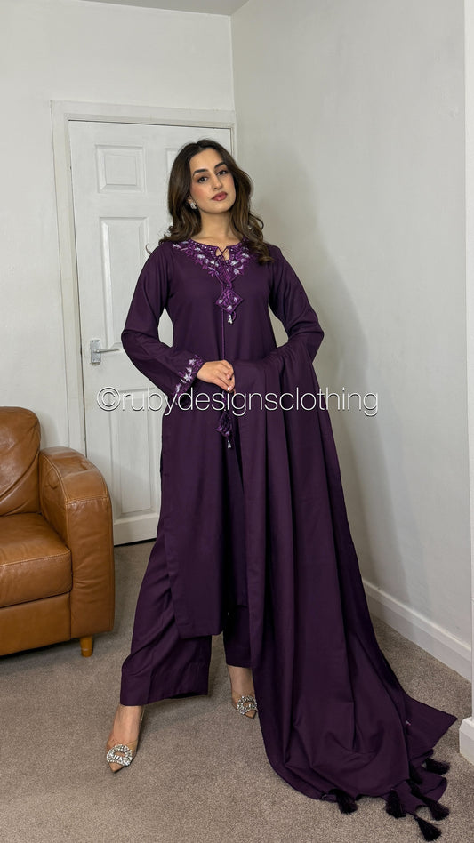 RIMSHA - 3 Piece Deep Purple Marina Suit with Shawl