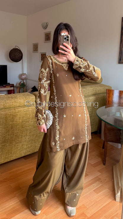 NAYRA Style 3 (Short Shirt) - 3 Piece Khaki Chiffon Suit with Shalwar