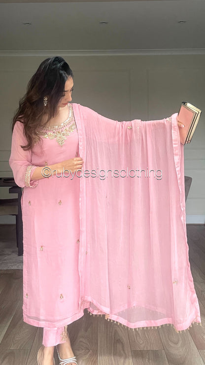 AMBREEN Pink - 4 Piece Chiffon Suit with Gold Handwork