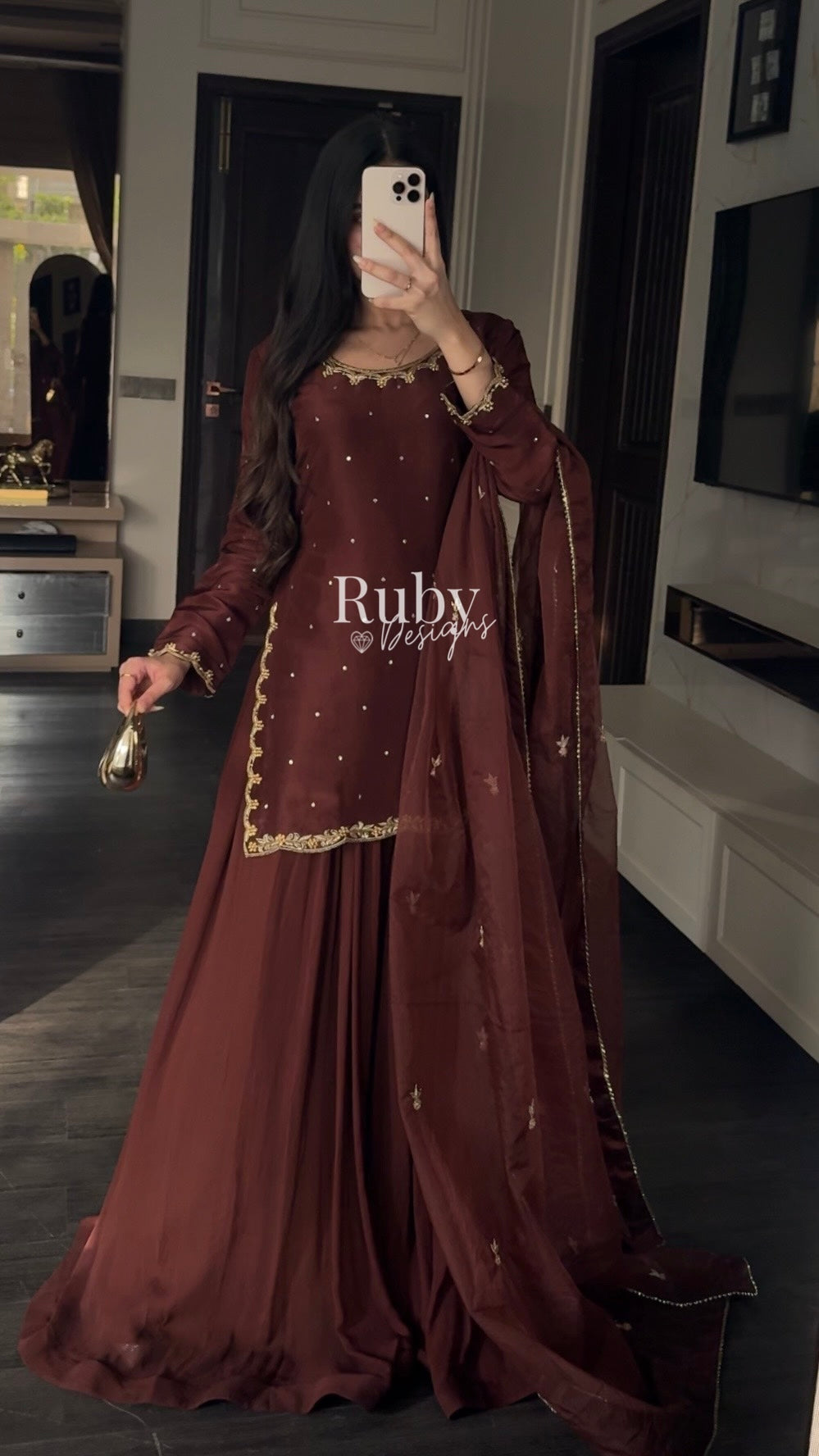 ZEBA Chocolate - 3 Piece Luxury Suit with Sharara