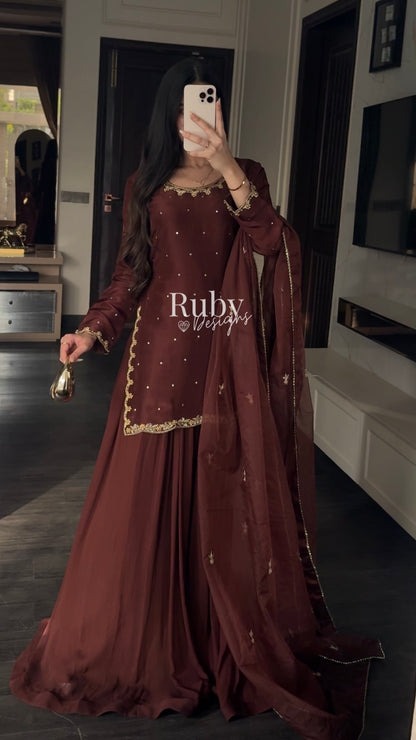 ZEBA Chocolate - 3 Piece Luxury Suit with Sharara
