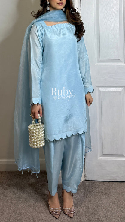 HAYAT Sky - 3 Piece Silk Suit with Skinny Shalwar