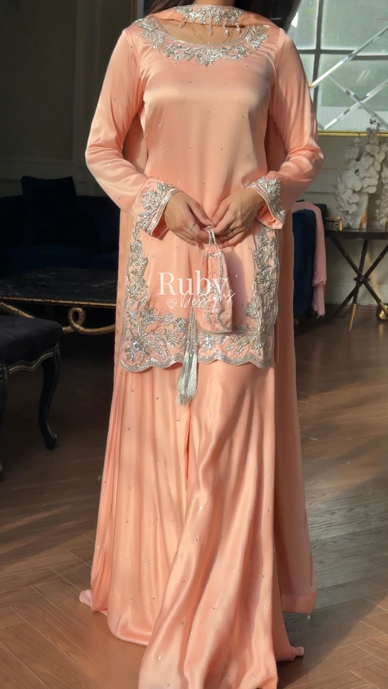 PARISA Peach - 4 Piece Silk Suit with Matching Potli Bag