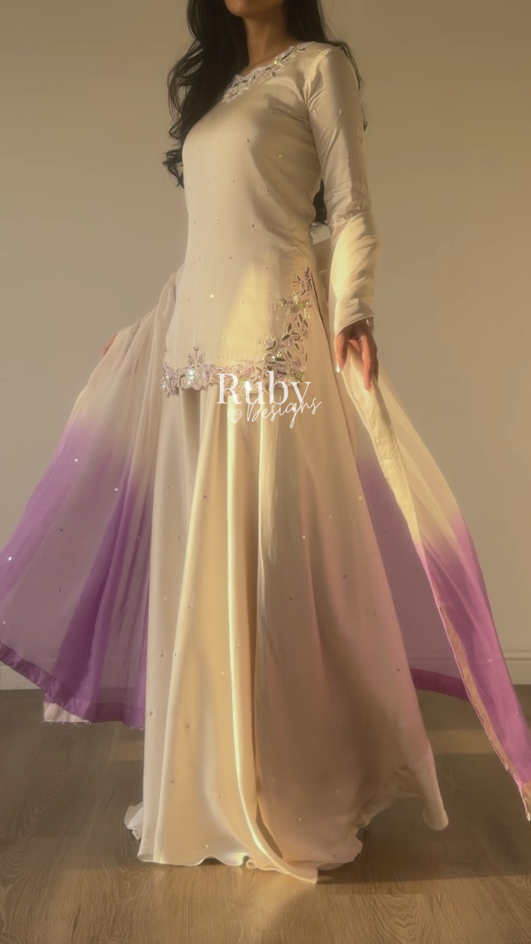 AMEERA - 3 Piece Off-White Silk Suit with Ombrè Dupatta