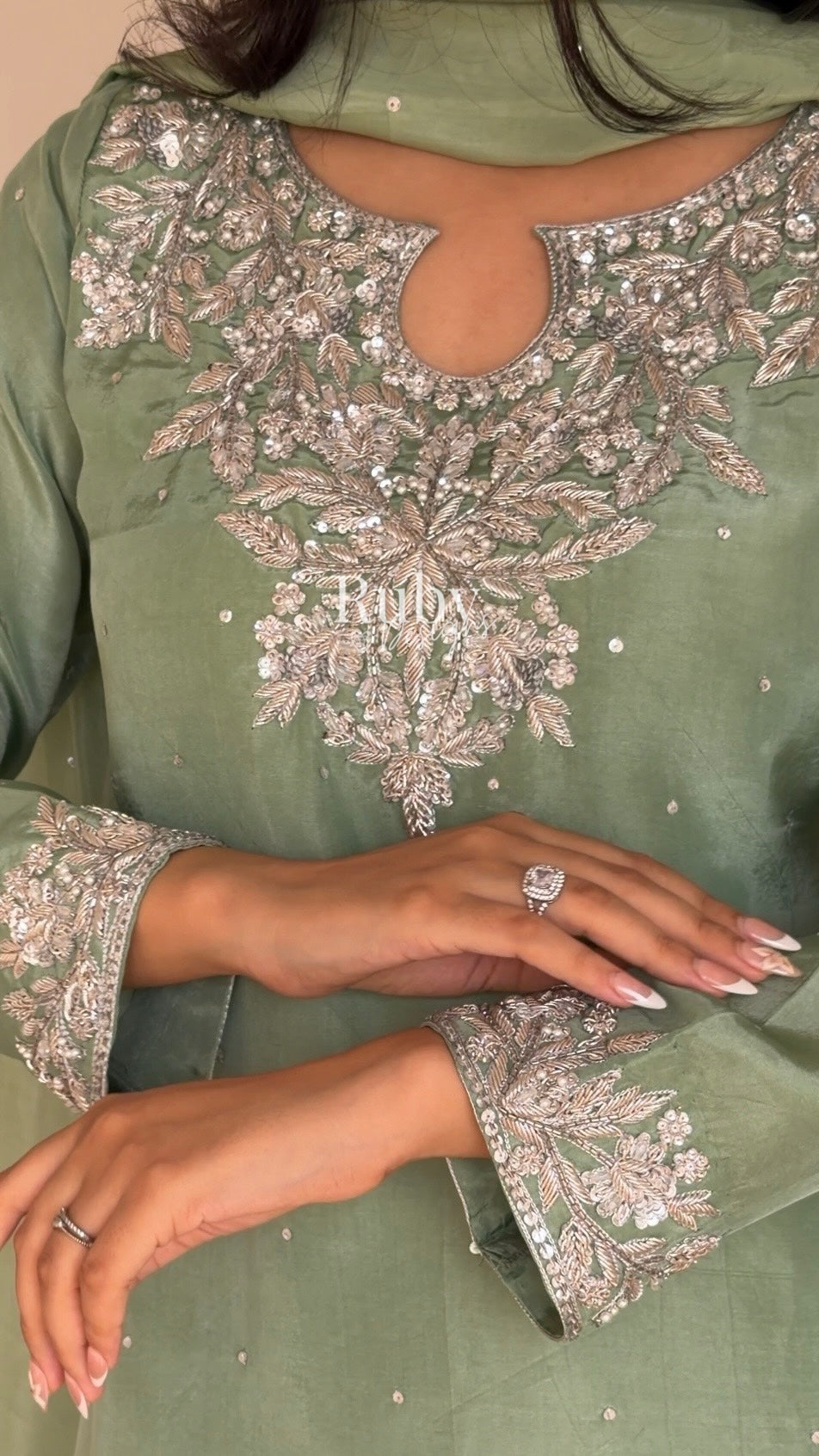 MARWA - 3 Piece Sage Green Silk Suit with Shalwar