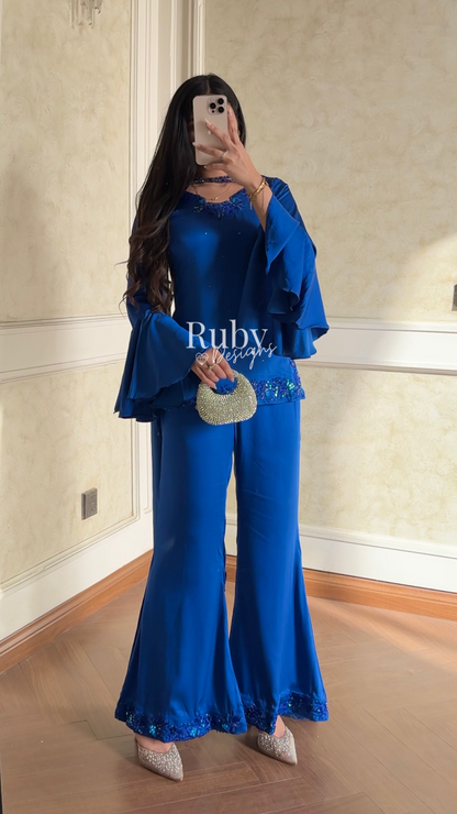 KAREENA Blue - 3 Piece Silk Suit with Crystal Choker Dupatta