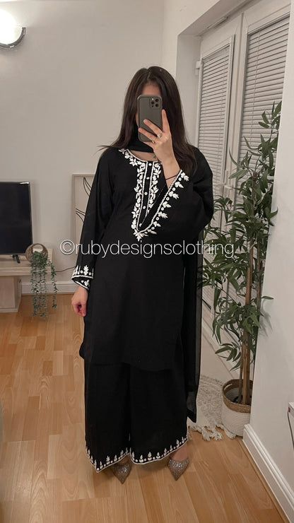 YARA - 3 Piece Black Cotton Suit with Chiffon Dupatta