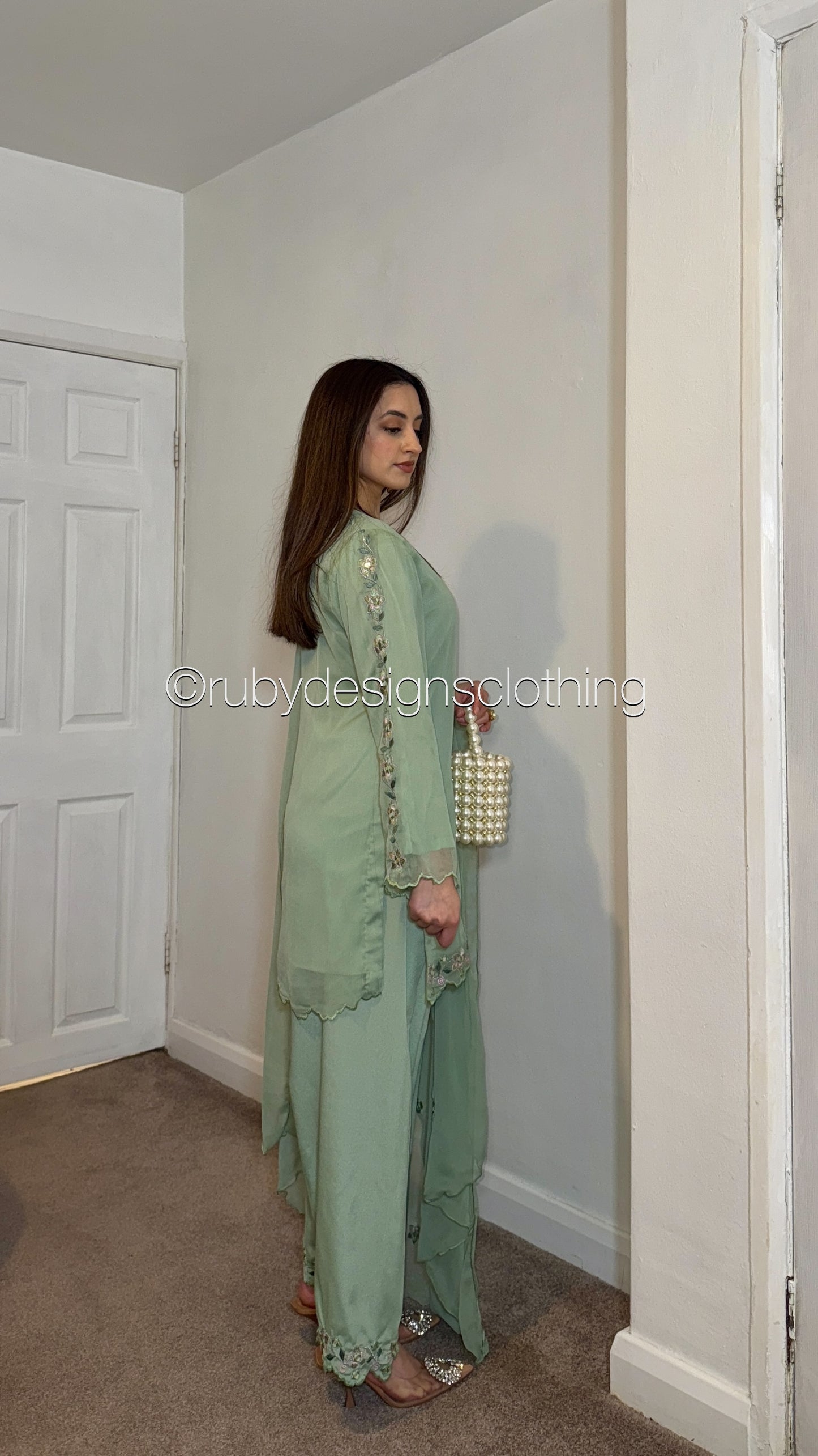 SAMAN Sage - 3 Piece Chiffon Suit with Embroidered Detailing