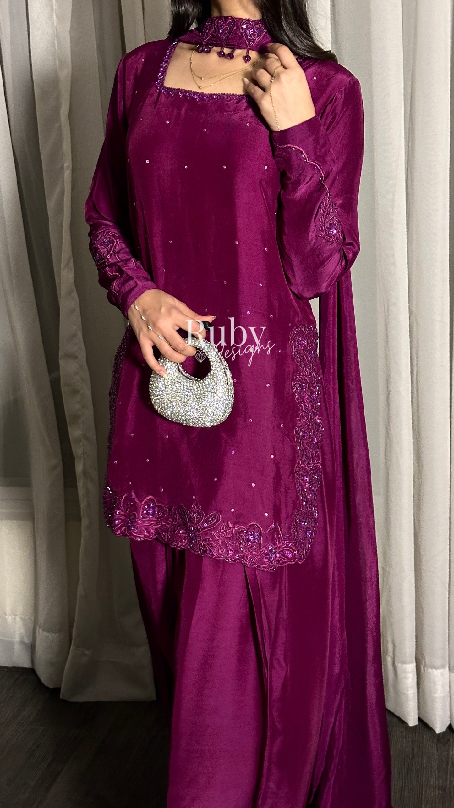 PRE-ORDER (not for immediate dispatch) - SAHARA - 3 Piece Magenta Luxury Silk Suit with Cutdana Handwork