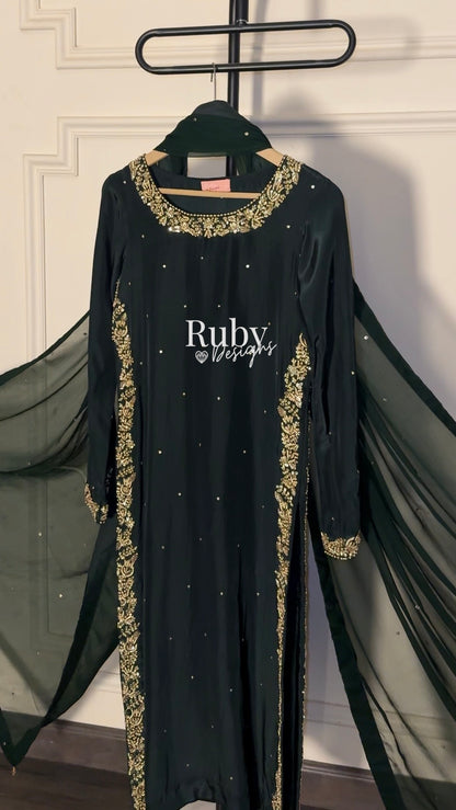 ZAINA Emerald - 3 Piece Silk Suit with Gold Handwork