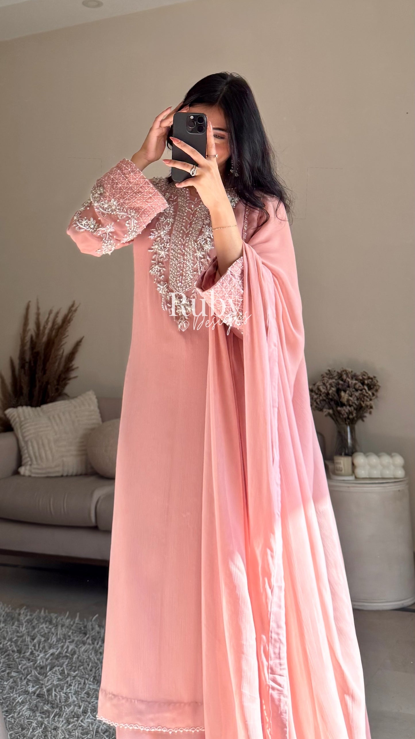 AREEN Blush - 3 Piece Chiffon Suit with Pearl and Stone Handwork