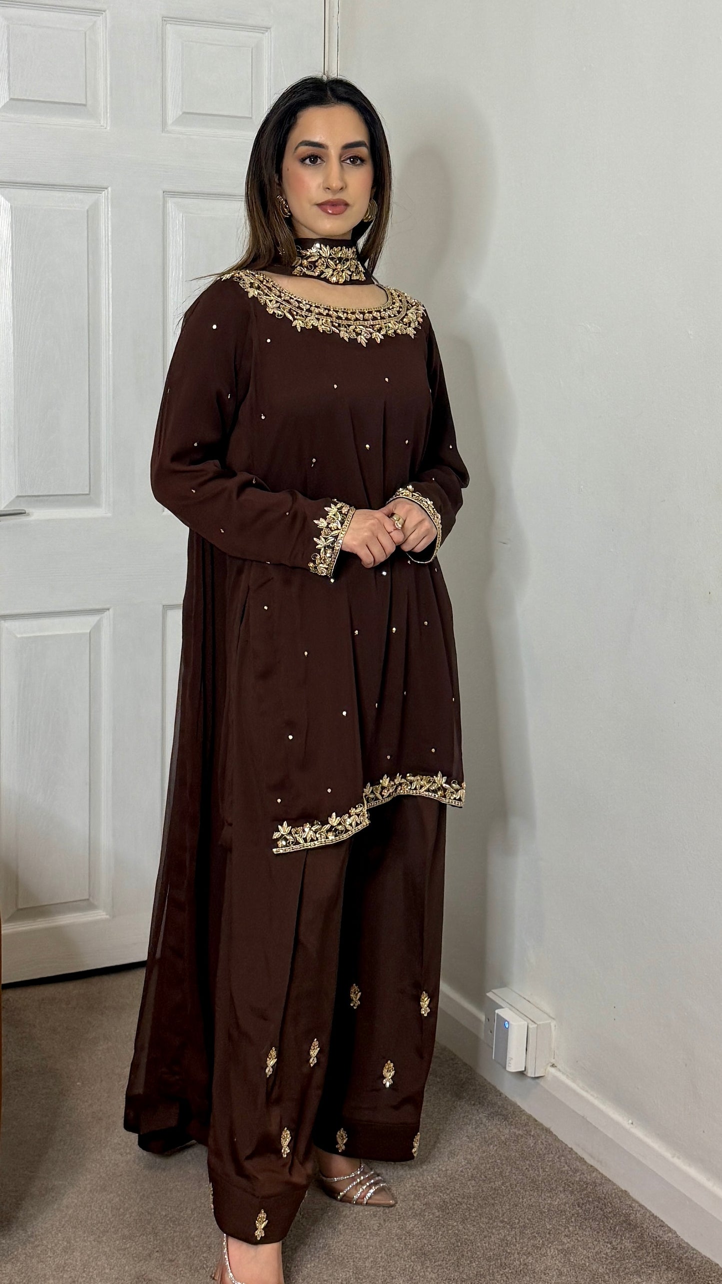 HUMNA Cocoa - 3 Piece Chiffon Suit with Farshi Shalwar