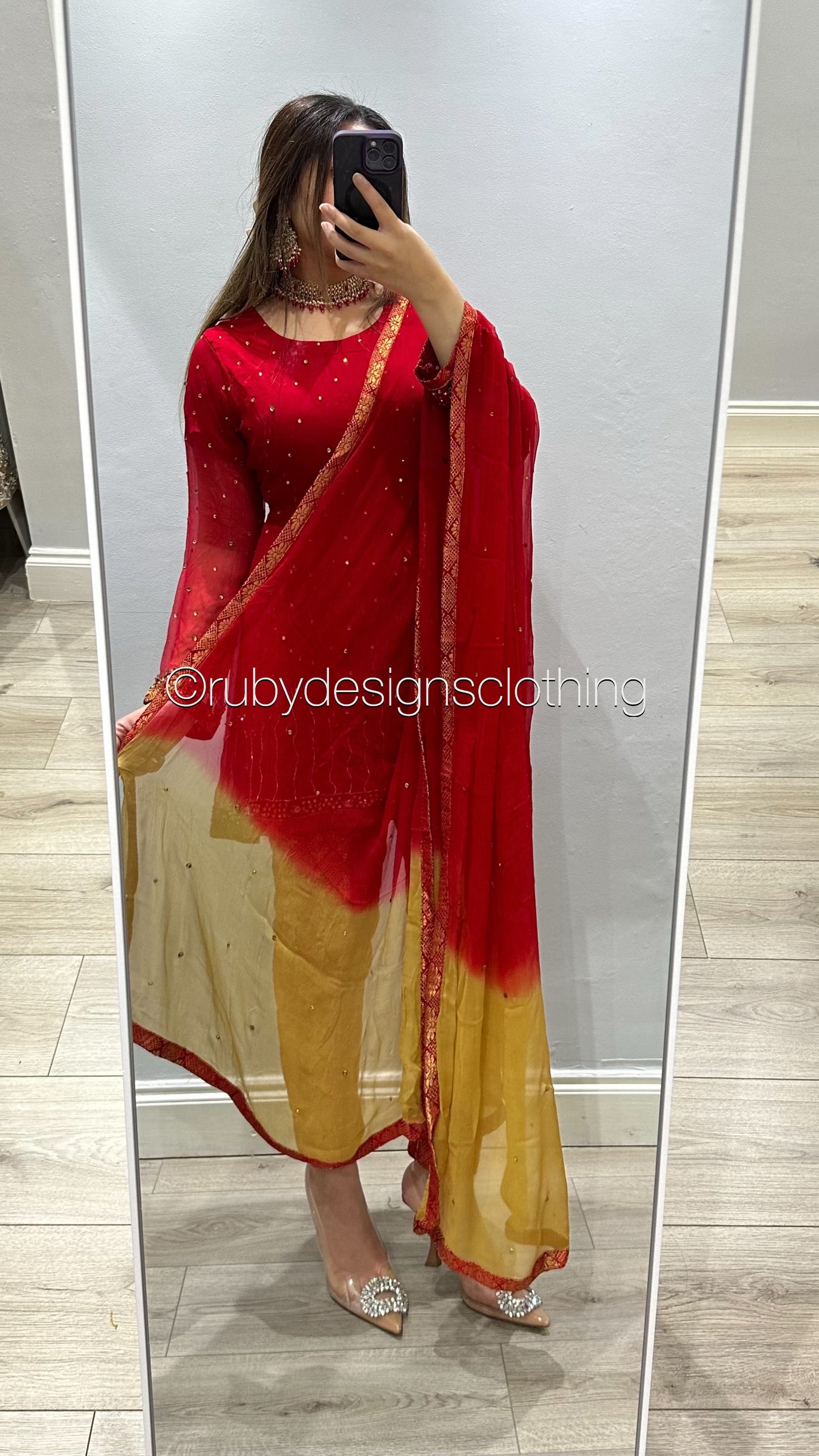 EXCLUSIVE SAMPLE - 3 Piece Red Chiffon Suit with Jamawar Trousers (8746850123989)