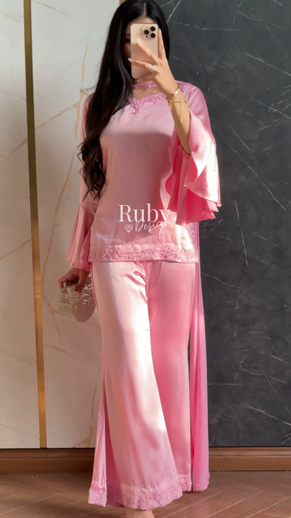 KAREENA Pink - 3 Piece Silk Suit with Crystal Choker Dupatta