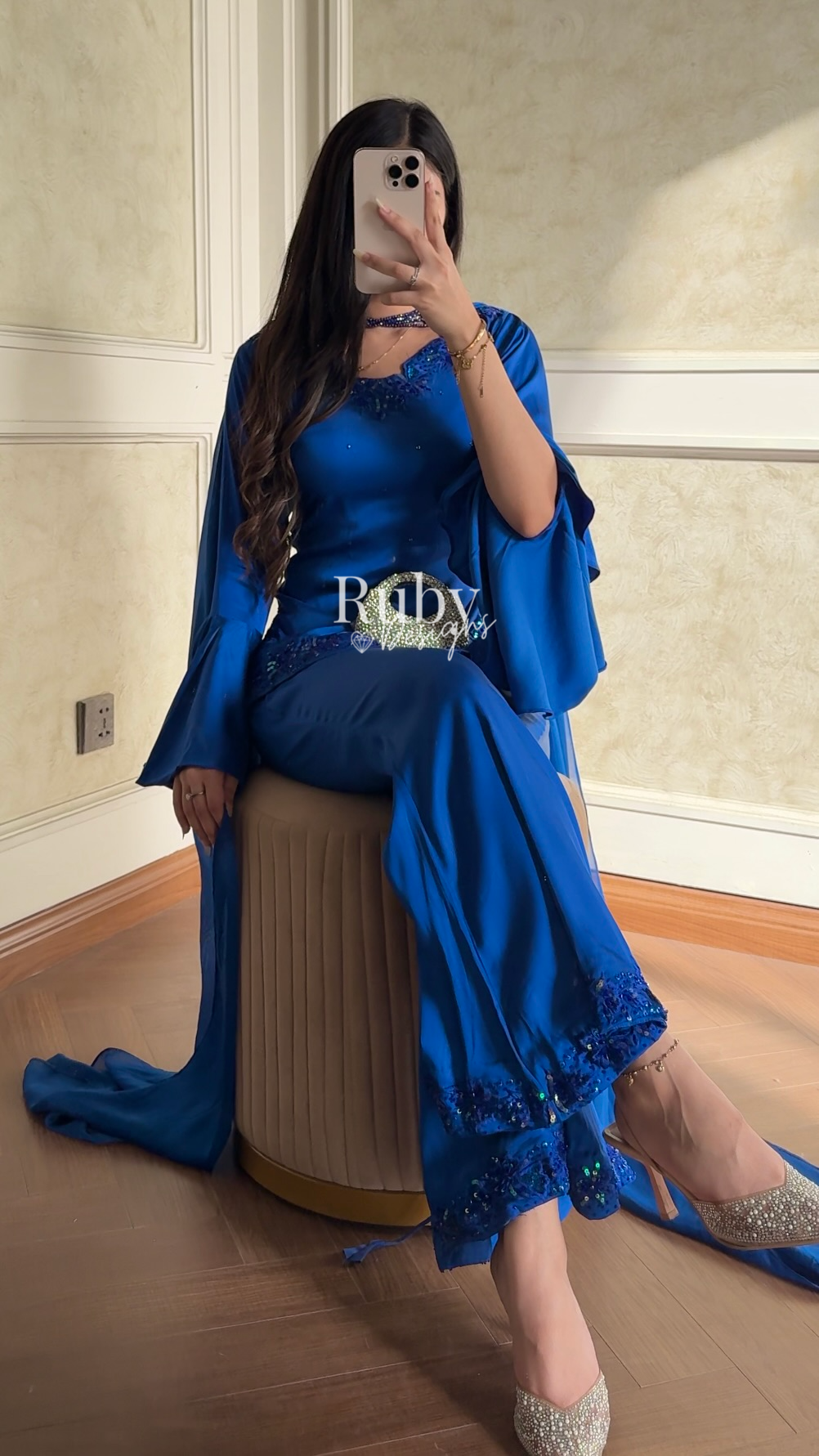KAREENA Blue - 3 Piece Silk Suit with Crystal Choker Dupatta