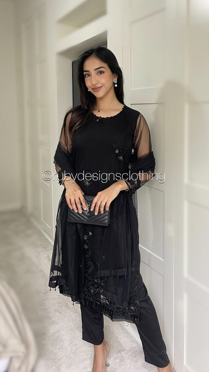 AREEBA - 3 Piece Jet Black Net Suit with 3D Details (8739067855061)