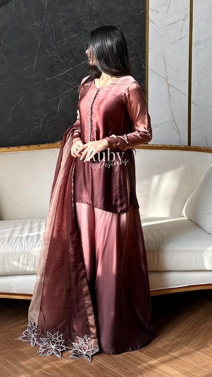 FIHA Mocha - 3 Piece Ombrè Silk Suit with Flowy Wide Pants