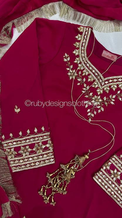 SAJAL Rose - 3 Piece Chiffon Suit with Farshi Shalwar and Gota Handwork