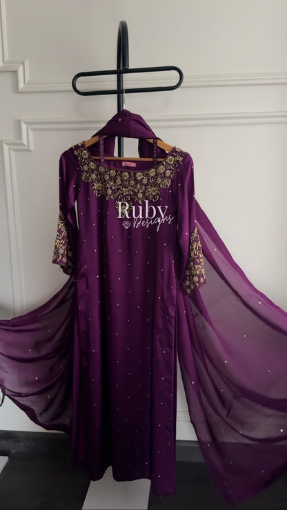 HANIA Plum - 3 Piece Silk Suit with Straight Trouser