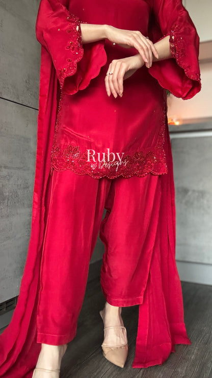 LARA Ruby - 3 Piece Luxury Silk Suit with Cutdana Handwork