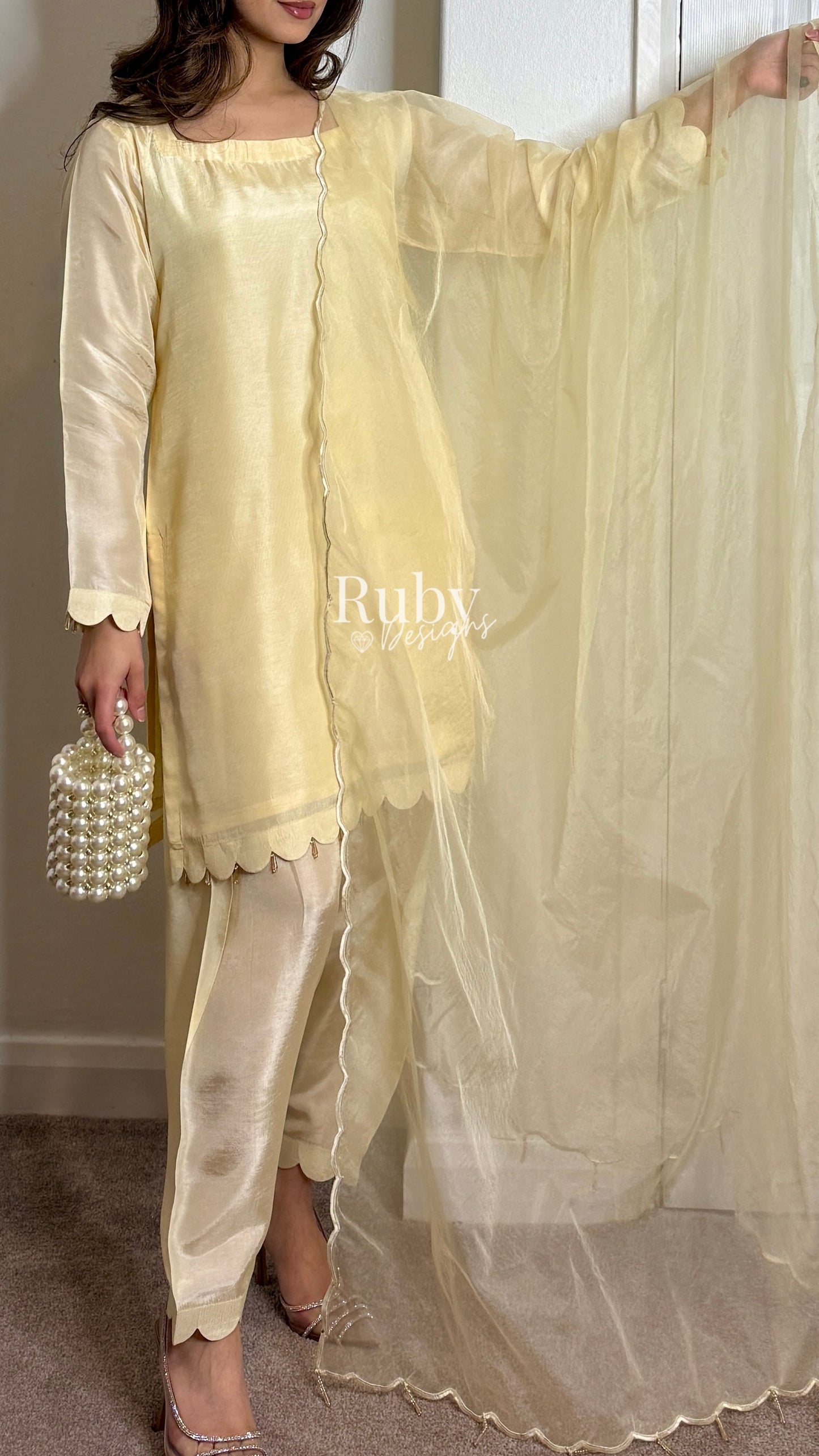 HAYAT Butter - 3 Piece Silk Suit with Skinny Shalwar