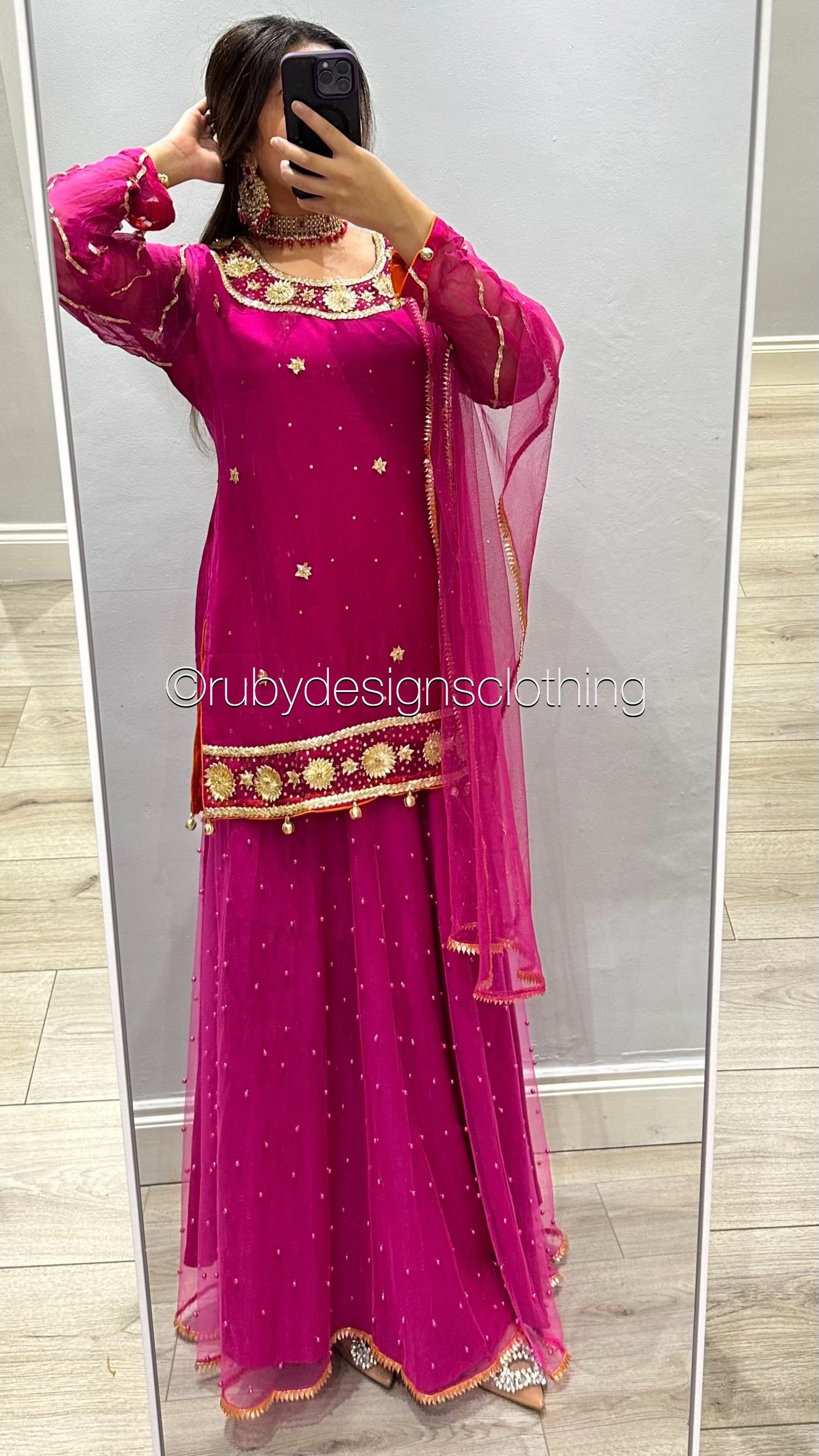 EXCLUSIVE SAMPLE - 3 Piece Hot Pink Chiffon Suit with Gota Work and Net Skirt (8746828628181)