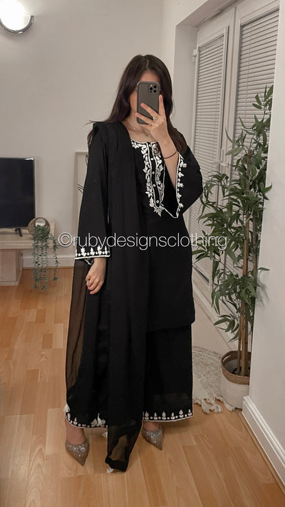 YARA - 3 Piece Black Cotton Suit with Chiffon Dupatta