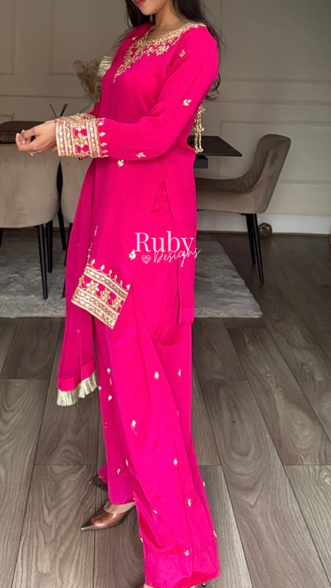 SAJAL Rose - 3 Piece Chiffon Suit with Farshi Shalwar and Gota Handwork