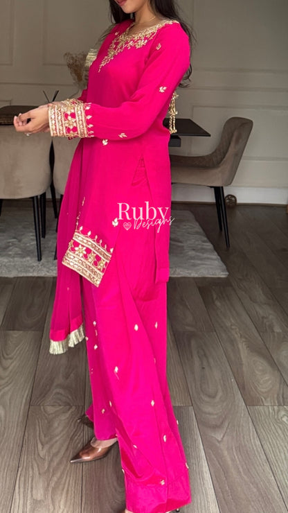 SAJAL Rose - 3 Piece Chiffon Suit with Farshi Shalwar and Gota Handwork