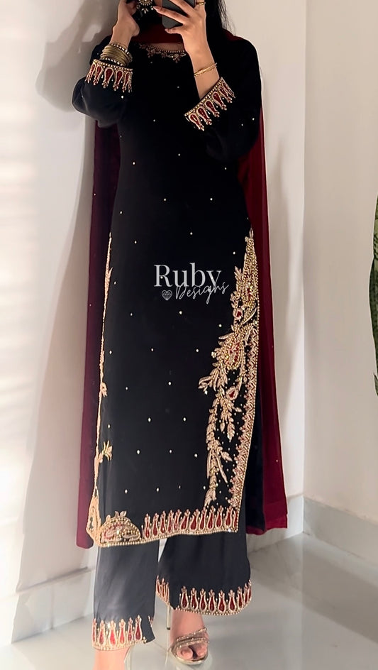 MEHRUNNISA - 3 Piece Black Chiffon Suit with Gold Handwork