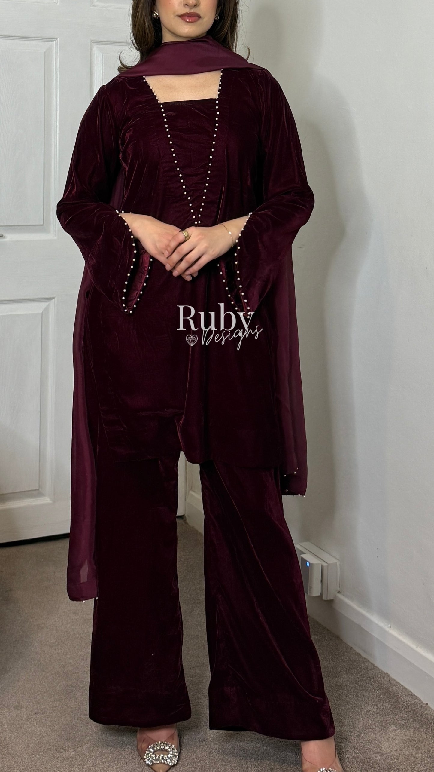 ANUM - 3 Piece Maroon Luxury Velvet Suit with Pearls
