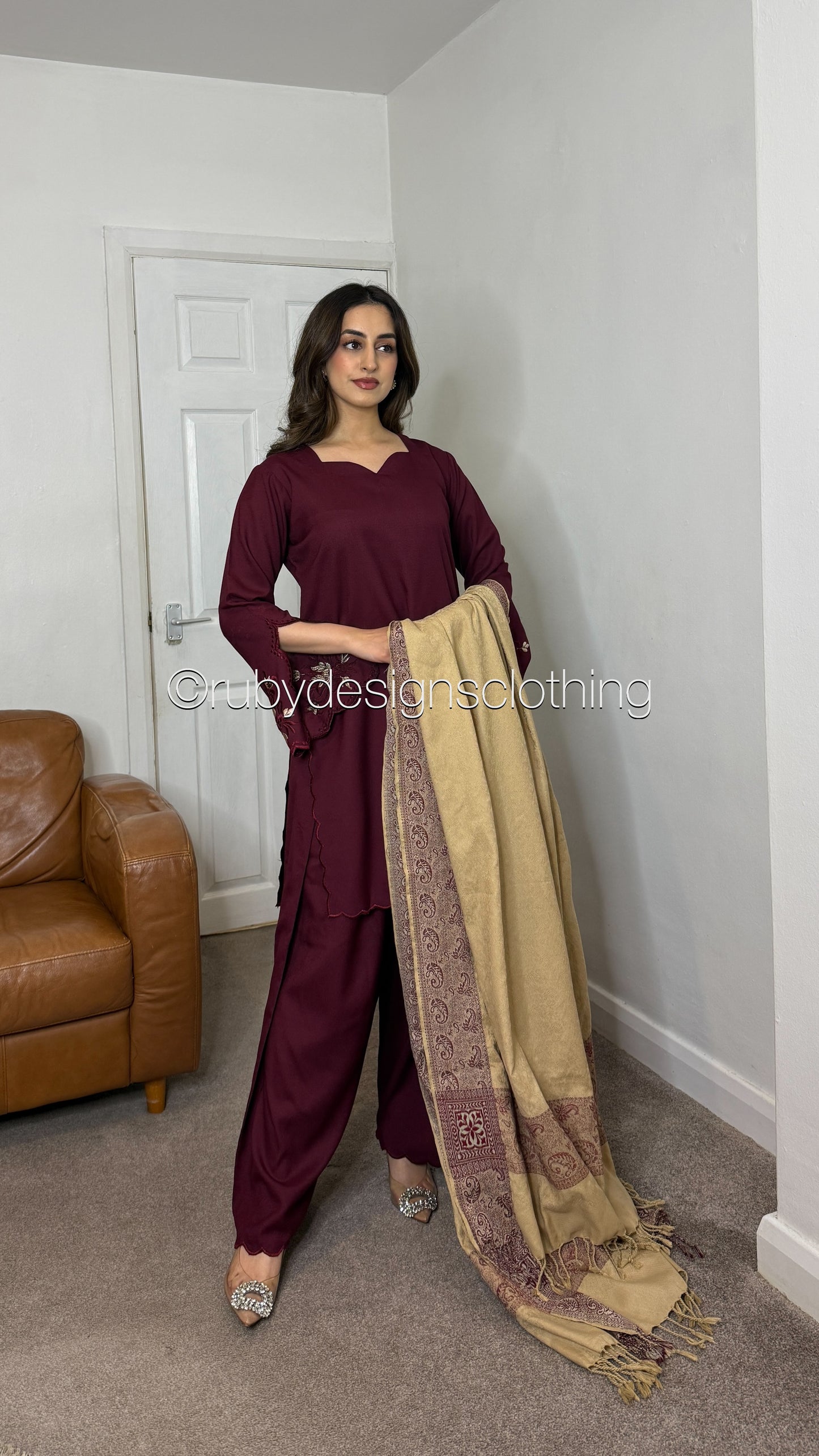 RIHAM - 3 Piece Maroon Marina Suit with Shawl